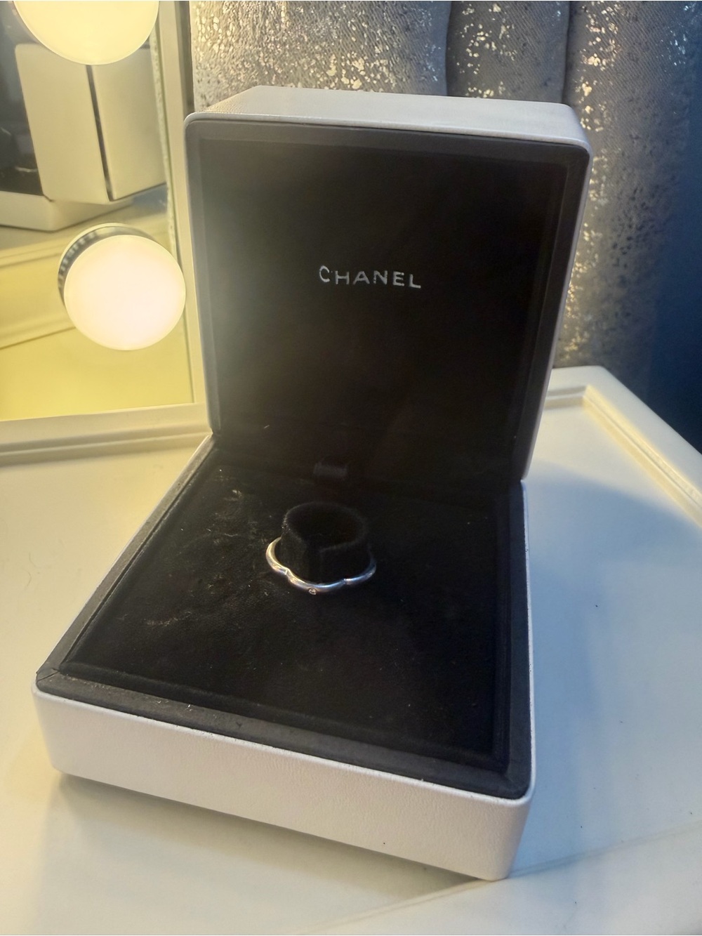 CHANEL 18k White Gold Diamond Camelia Band Ring